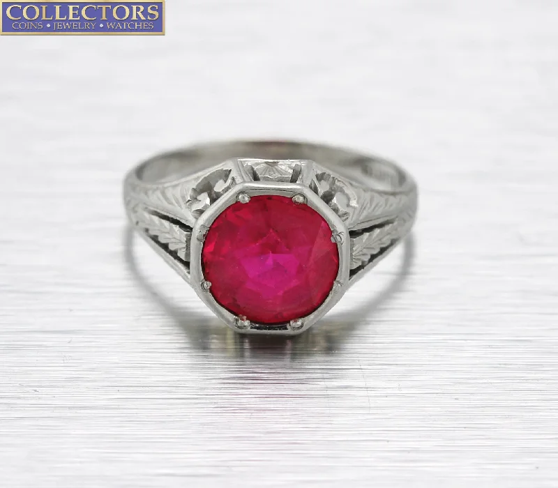 Jewelry Sale Bonanza – Grab Your Sparkle Now Antique Art Deco 18K White Gold Pink Gemstone Glass Filigree Cocktail Ring