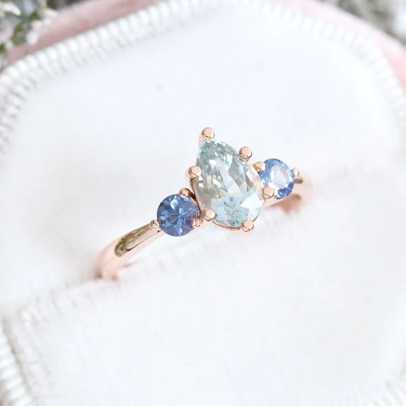 Pear Aqua Blue Sapphire Engagement Ring in 14k Rose Gold 3 Stone Ring, Size 6.25