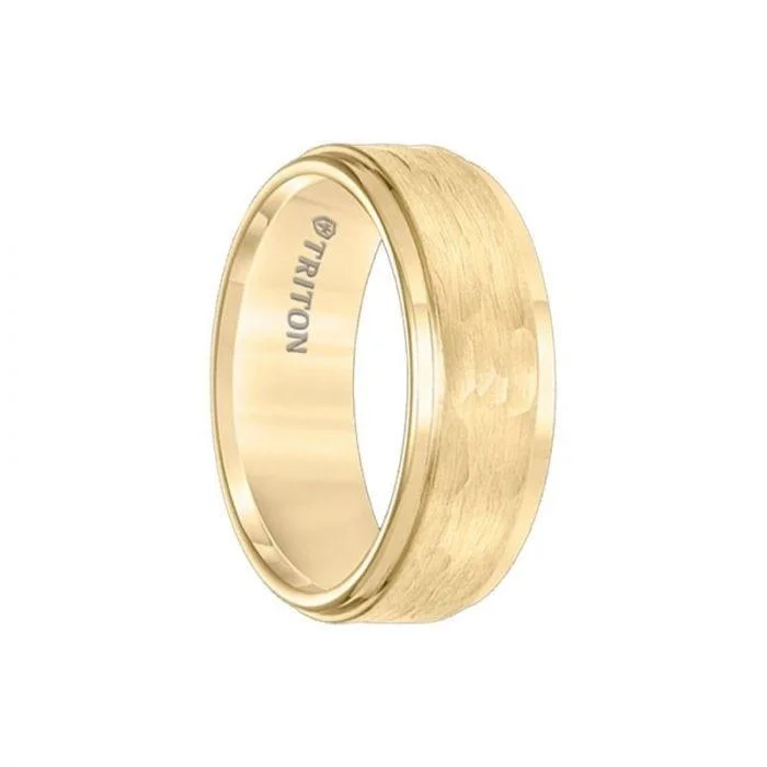 AVEN Gold Plated Tungsten Carbide Step Edge Comfort Fit Band with Hammered Center by Triton Rings - 8mm