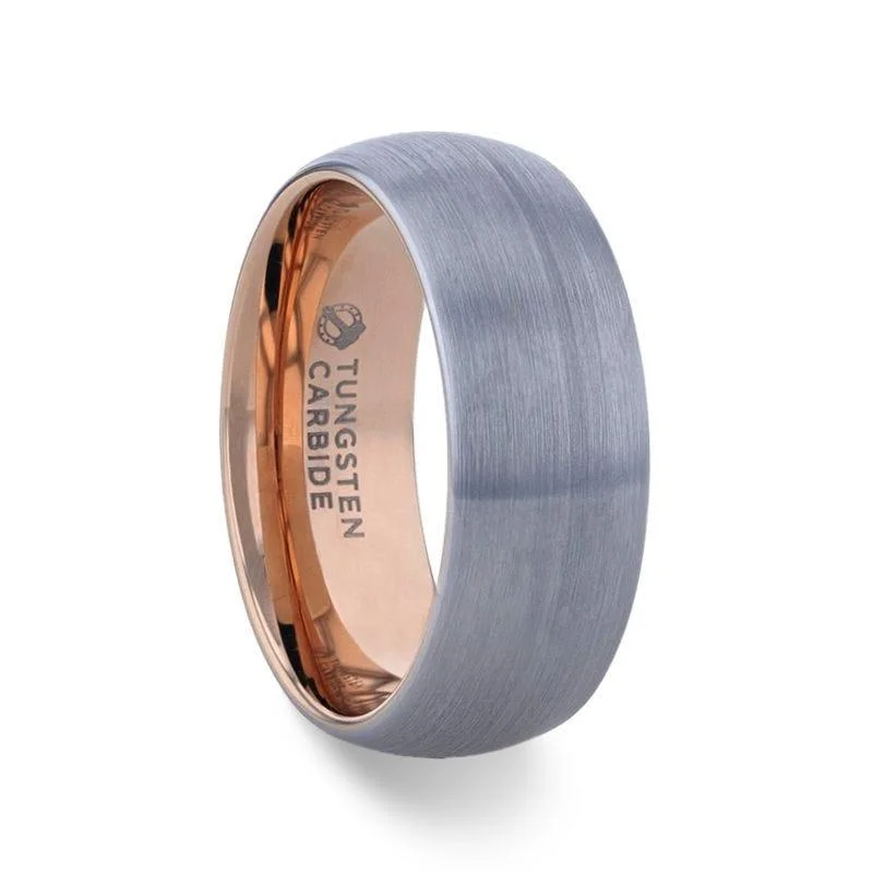 CAMERON Domed Brushed Finish Tungsten Carbide Men's Wedding Band With Rose Gold Ion Plating Interior - 8mm