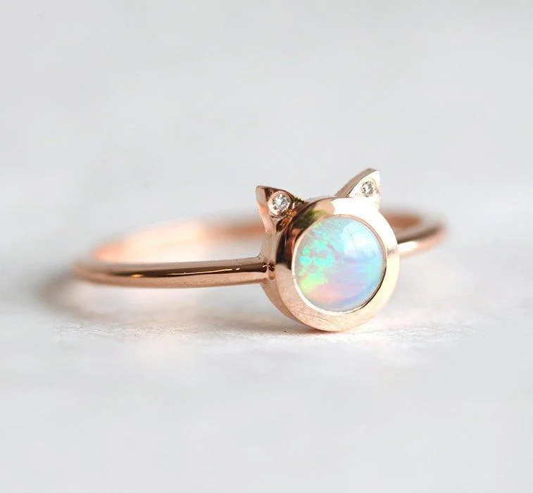 Kitty Round Opal Cat Ring