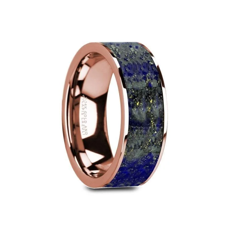 GALEN Flat 14K Rose Gold Ring with Blue Lapis Lazuli Inlay and Polished Edges - 8mm