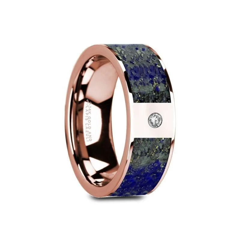 GALLUS Flat 14K Rose Gold Ring with Blue Lapis Lazuli Inlay & White Diamond Setting - 8mm