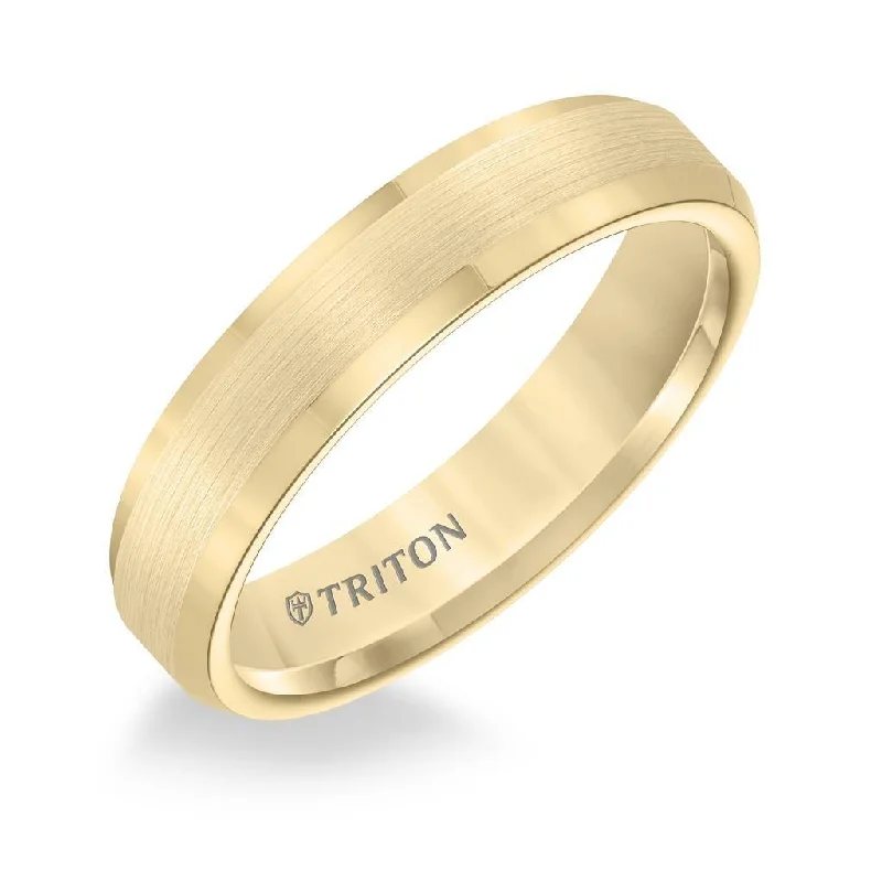 GOLDIE Polished Beveled Edged Yellow Gold Plated Tungsten Carbide Wedding Band with Satin Finished Center by Triton Rings - 5mm