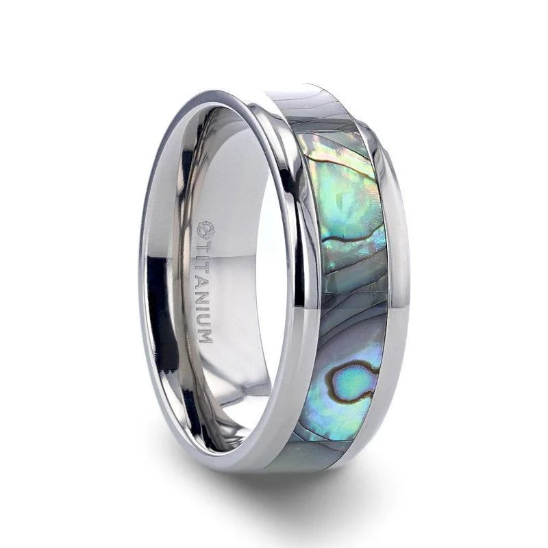 KAUI Titanium Polished Finish Mother Of Pearl Inlaid Men’s Beveled Wedding Band - 6mm & 8mm