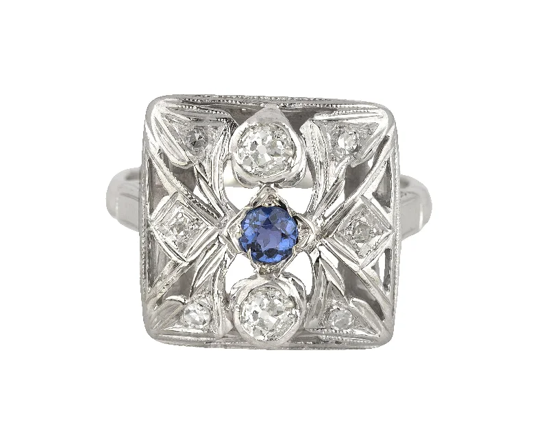 Last Chance To Shop High-End Jewelry At Markdown Prices Ladies Antique Art Deco 14K White Gold 0.32ctw Diamond Blue Sapphire Ornate Ring