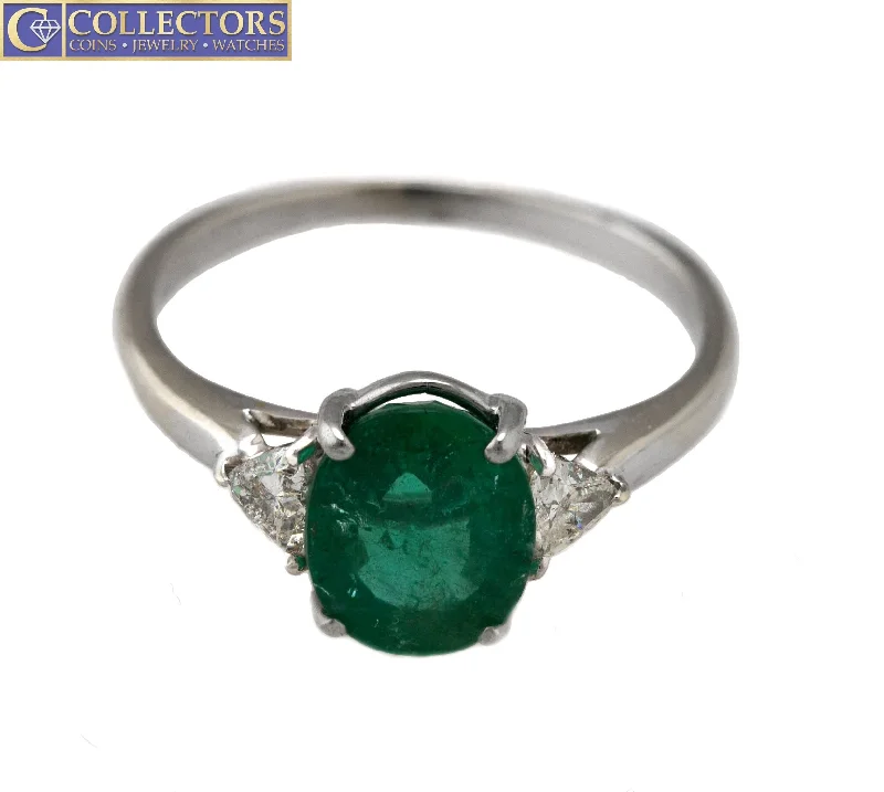 Jewelry Clearance – Final Chance To Save Big Ladies Vintage 14K White Gold 1.68ctw Oval Cut Emerald Diamond Cocktail Ring