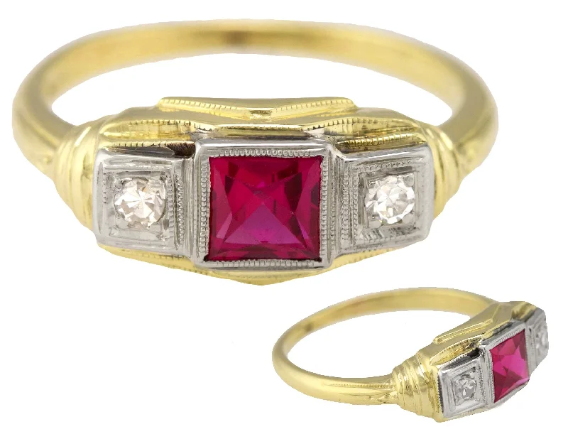 Exclusive Jewelry Markdowns – Limited-Time Offer Ladies Vintage 14K Yellow White Gold 0.06ctw Lab-Created Ruby Diamond Ring