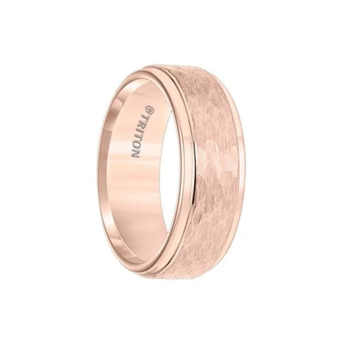 MUNDI Rose Tungsten Carbide Step Edge Comfort Fit Band with Center Hammered Texture by Triton Rings - 8mm