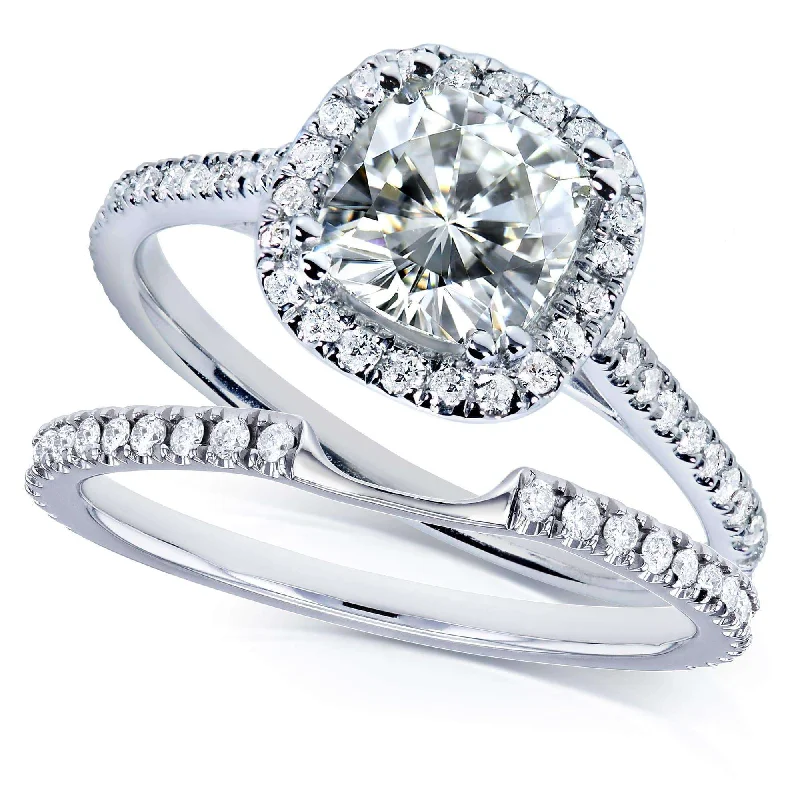 Gorgeous Jewelry, Limited-Time Savings 1-1/2ct.tw Cushion Halo Notched Band Bridal Set- Moissanite & Lab Diamonds