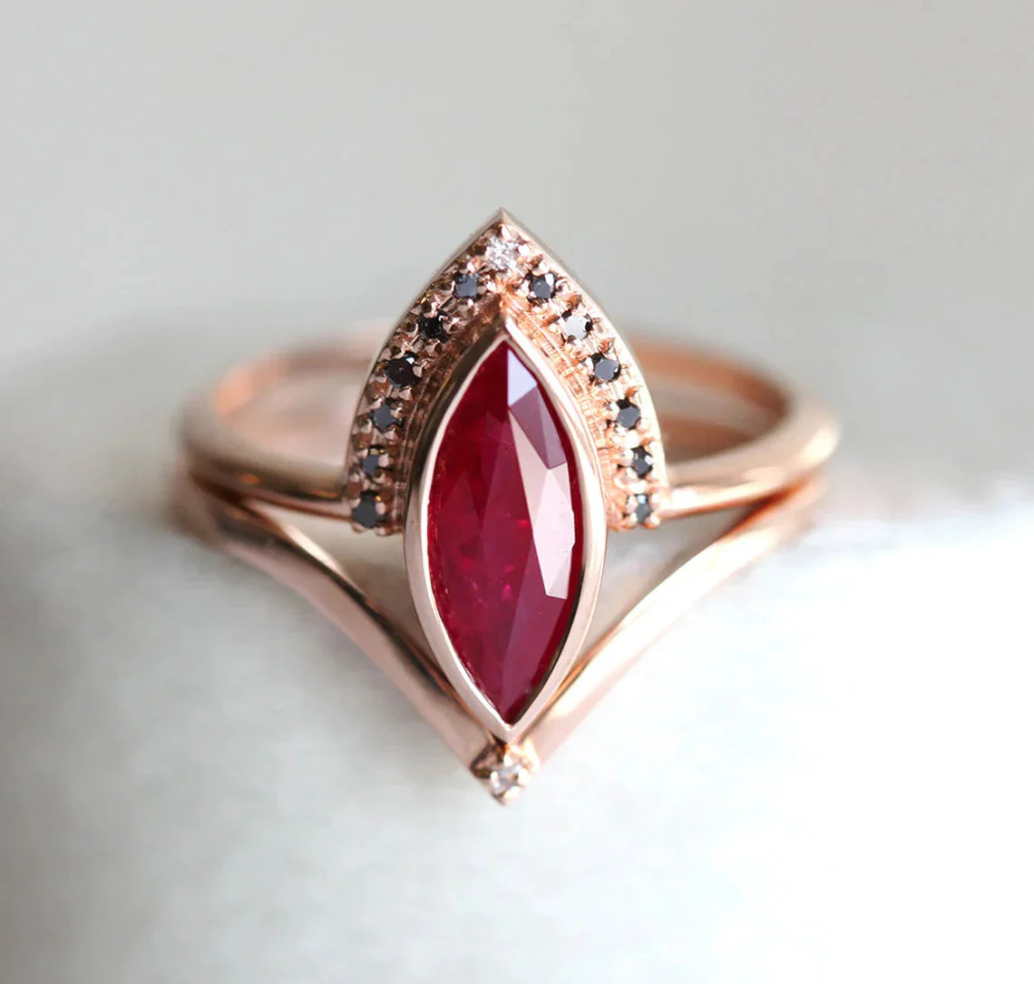 Regina Natural Ruby Ring Set, Ruby Engagement Ring With Black Diamonds, One Carat Engagement Ring