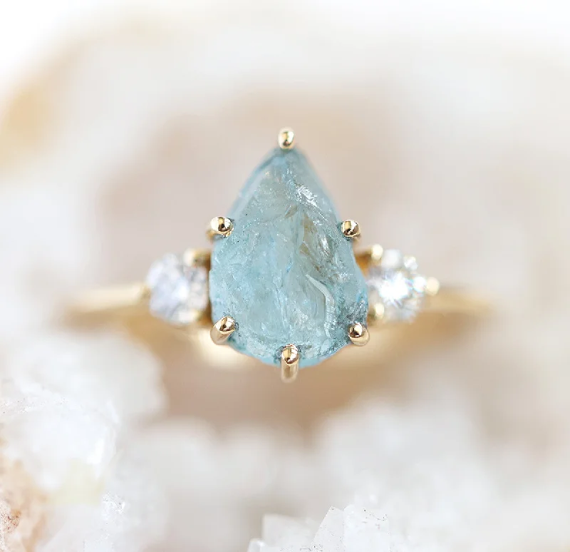 Raw Pear Aquamarine Three Stone Ring