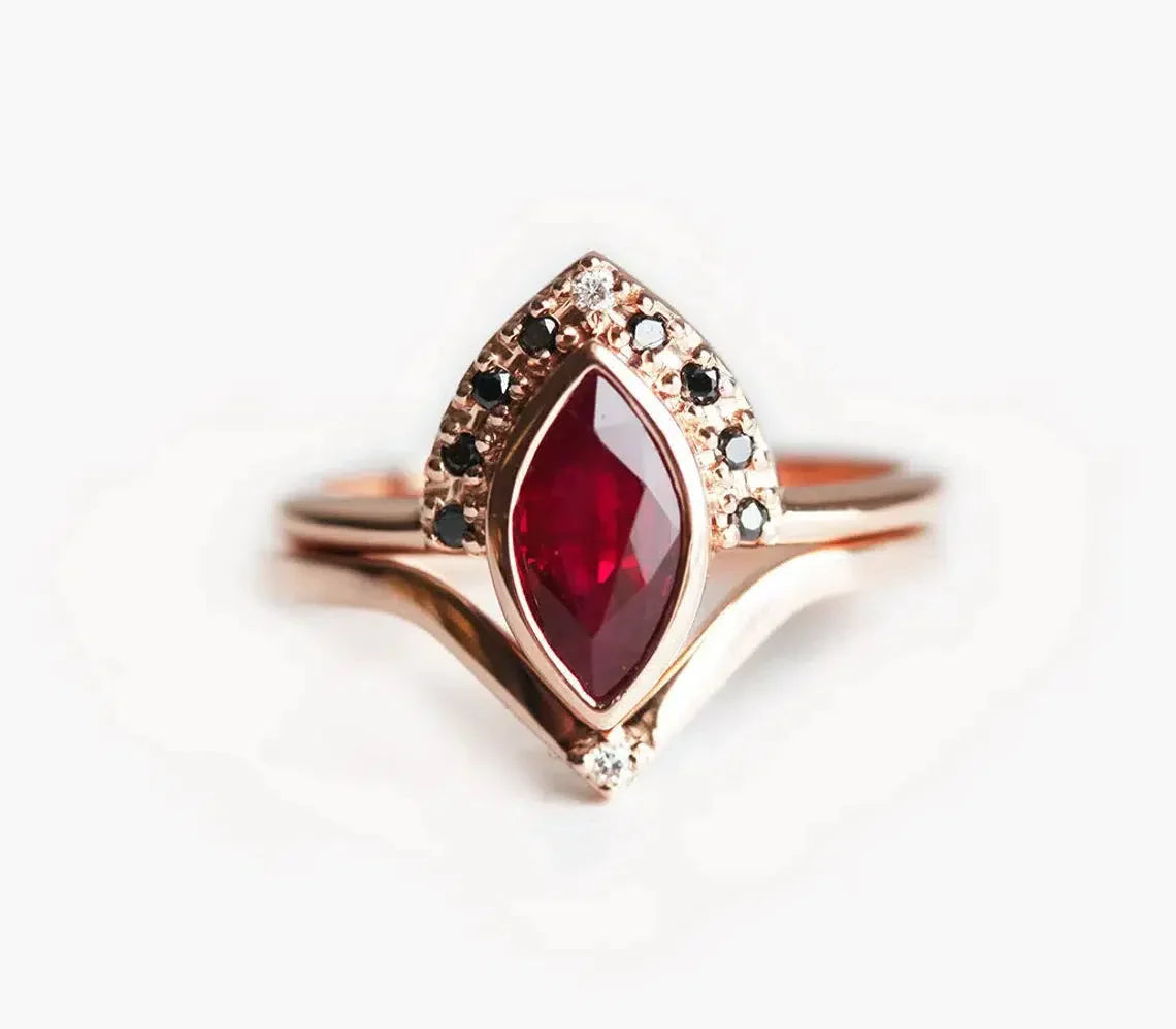 Regina Ruby And Black Diamond Ring Set With Chevron Band