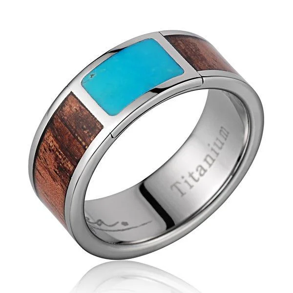 Titanium Wedding Band With Pink Ivory Wood/Turquoise Inlay & Polished Edges - 8mm