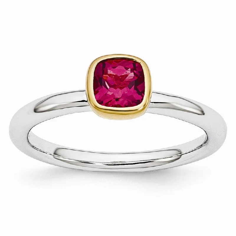 Two Tone Sterling Silver Stackable 5mm Cushion Created Ruby Ring