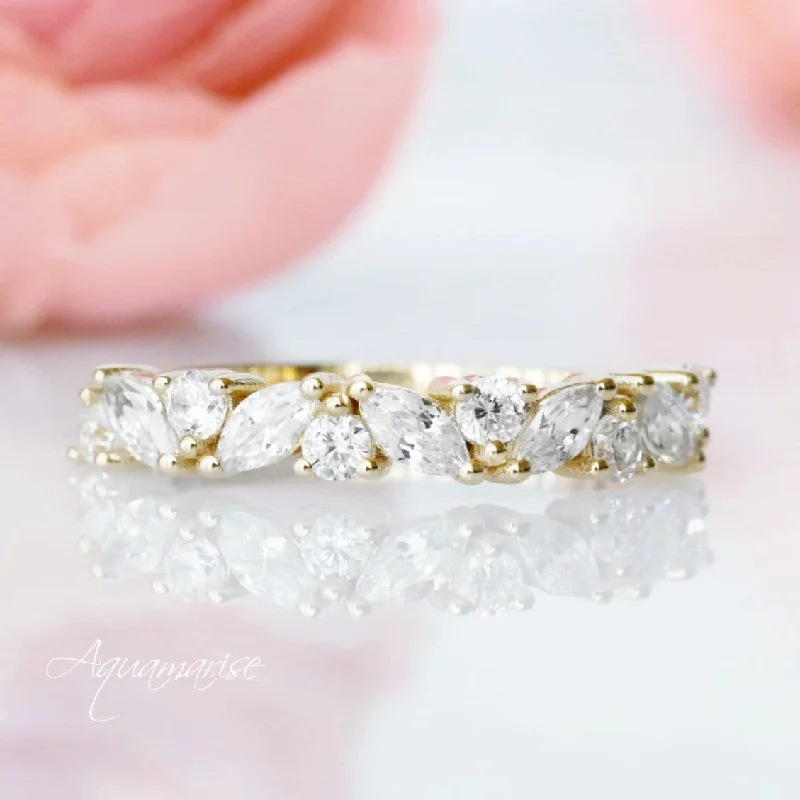 Willow Marquise Diamond Wedding Band- 10K/ 14K/ 18K Solid Yellow Gold