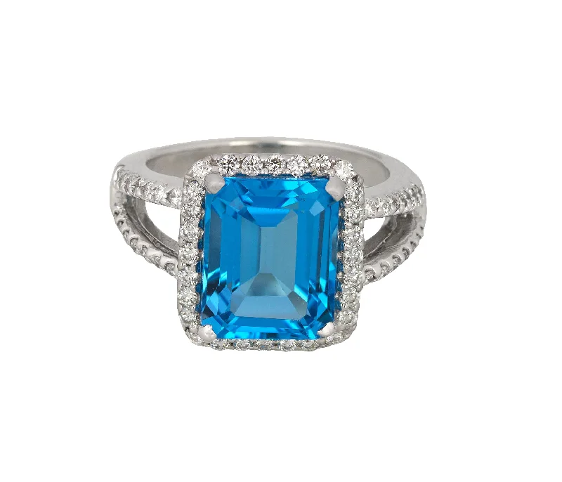 Shop Dazzling Jewelry At The Best Prices Modern 14K White Gold 12x10mm Blue Topaz Radiant Cut Diamond Cocktail Ring