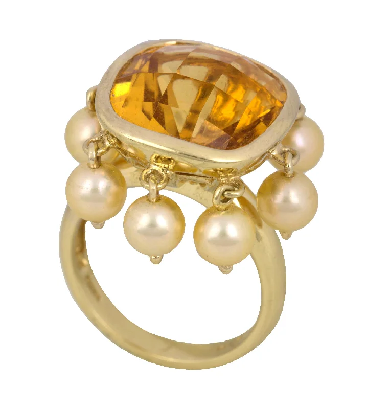 Exclusive Jewelry Offers – Shine For Less Modern 14K Yellow Gold 8.75 CT Citrine Cushion Cut Pearl Dangle Cocktail Ring