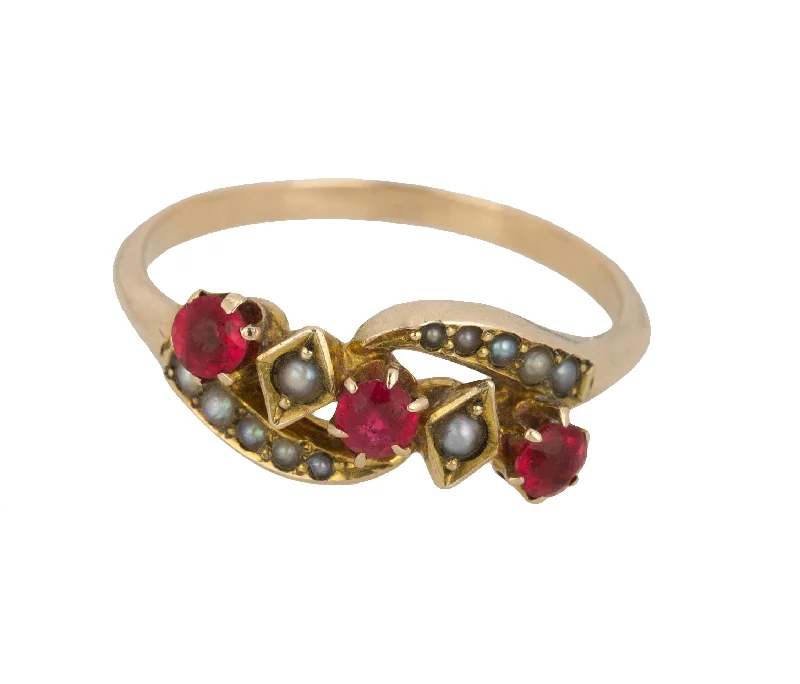 Discounted Luxury Jewelry – Shine Without The Splurge Women's Vintage Estate 14K Yellow Gold Garnet Gemstone Seed Pearl Cocktail Ring