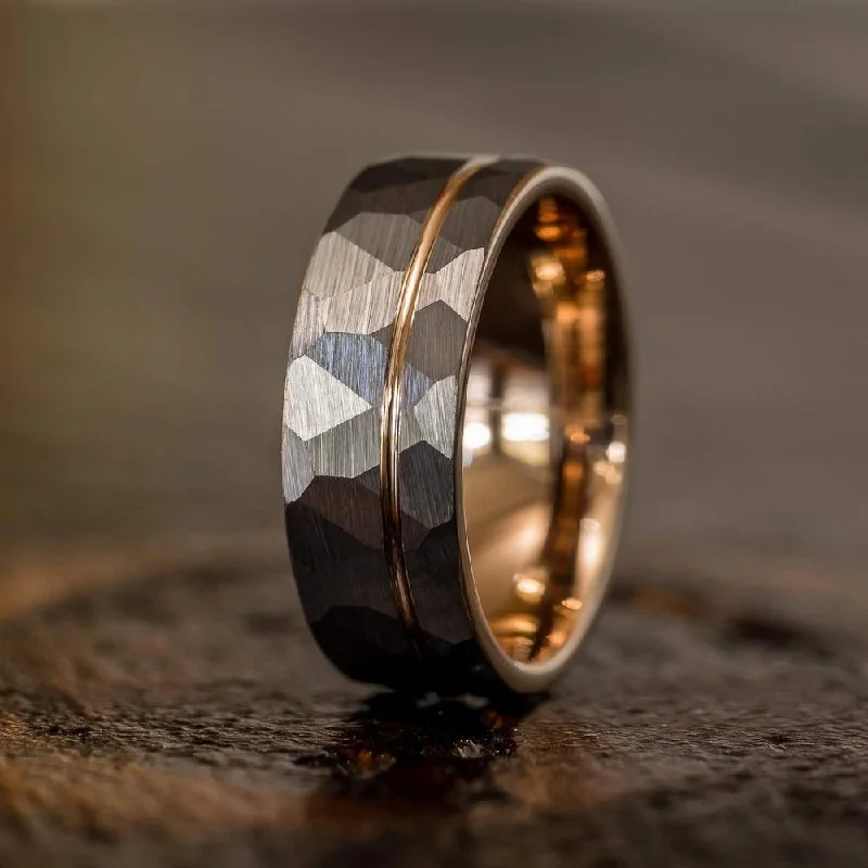 "Zeus" Hammered Tungsten Carbide Ring- White Gold w/ Rose Gold Strip- 6mm/8mm