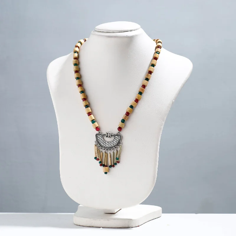 Handcrafted German Silver Pendant Bamboo Necklace with Red & Green Beads