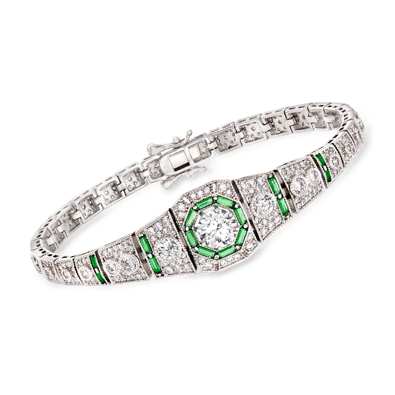 Ross-Simons CZ and . Simulated Emerald Bracelet in Sterling Silver