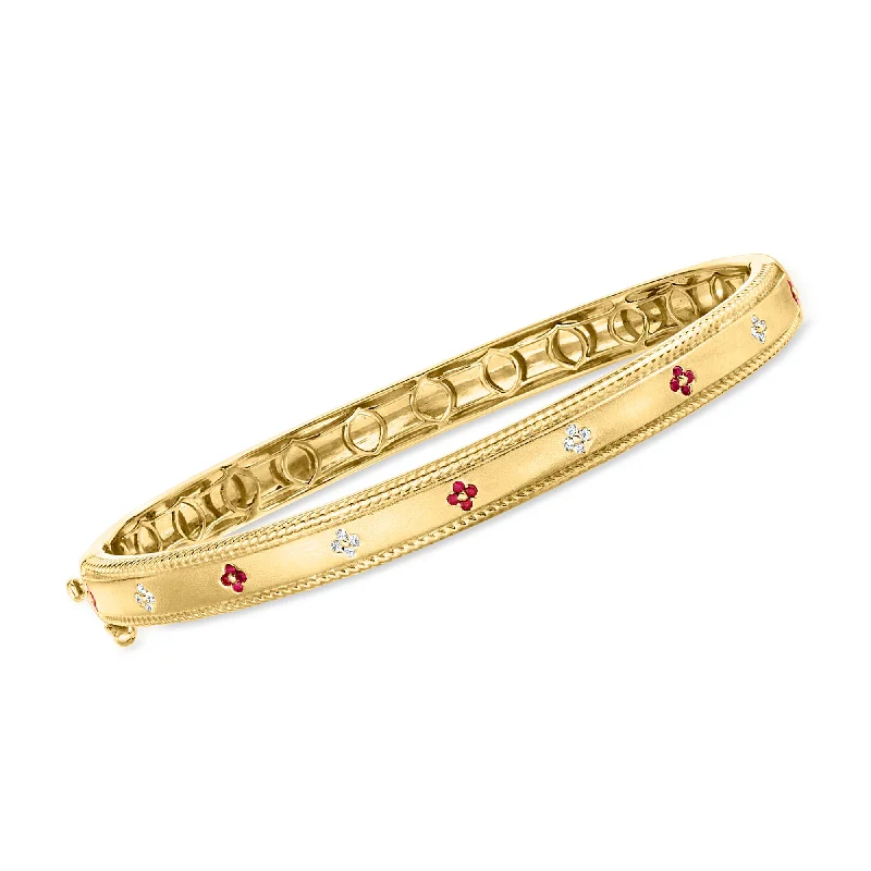 Ross-Simons Ruby and Diamond-Accented Flower Bangle Bracelet in 18kt Gold Over Sterling