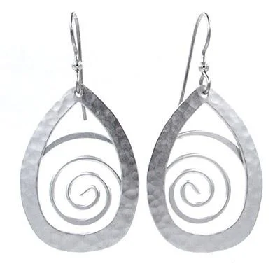 Silver Forest Earrings Silver Coil in Open Hammered Teardrop