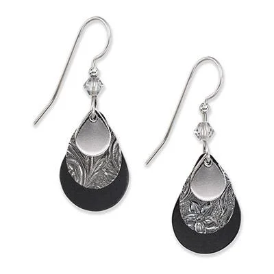 Silver Forest Earrings Silver Filigree on Black Teardrop