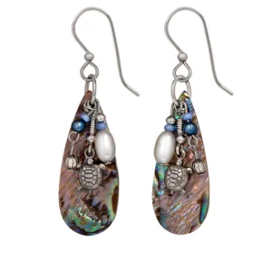 Silver Forest Green Turtle with Blue Beads Dangle Earrings