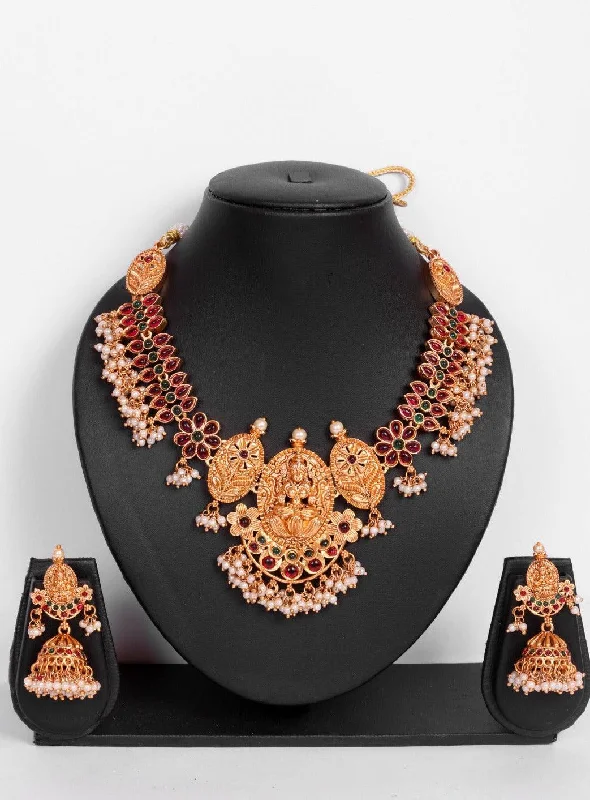 High-End Jewelry, Now More Affordable Than Ever Gold finish short Laxmi necklace set with colored kempu stones 8990N