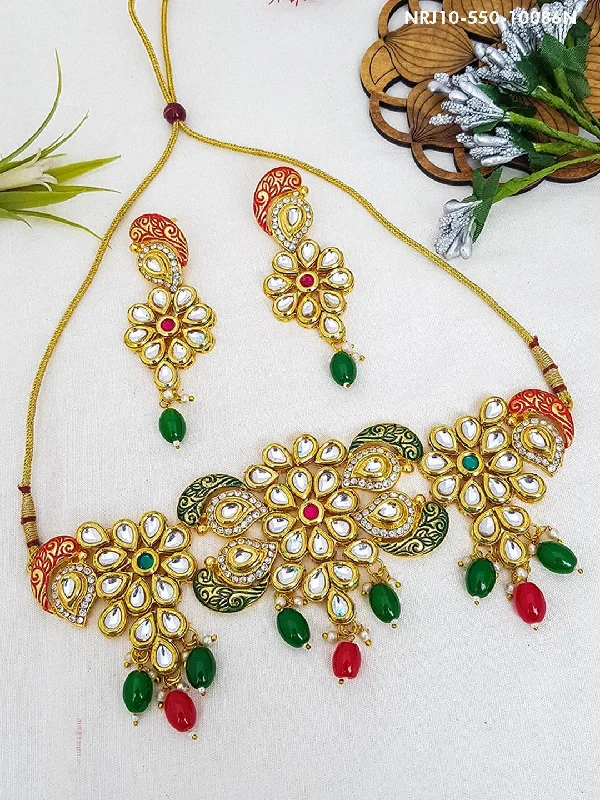 Handcrafted Jewelry Sale – Unique Designs At Low Prices Premium Gold Finish Kundan with enamelling work Necklace Set