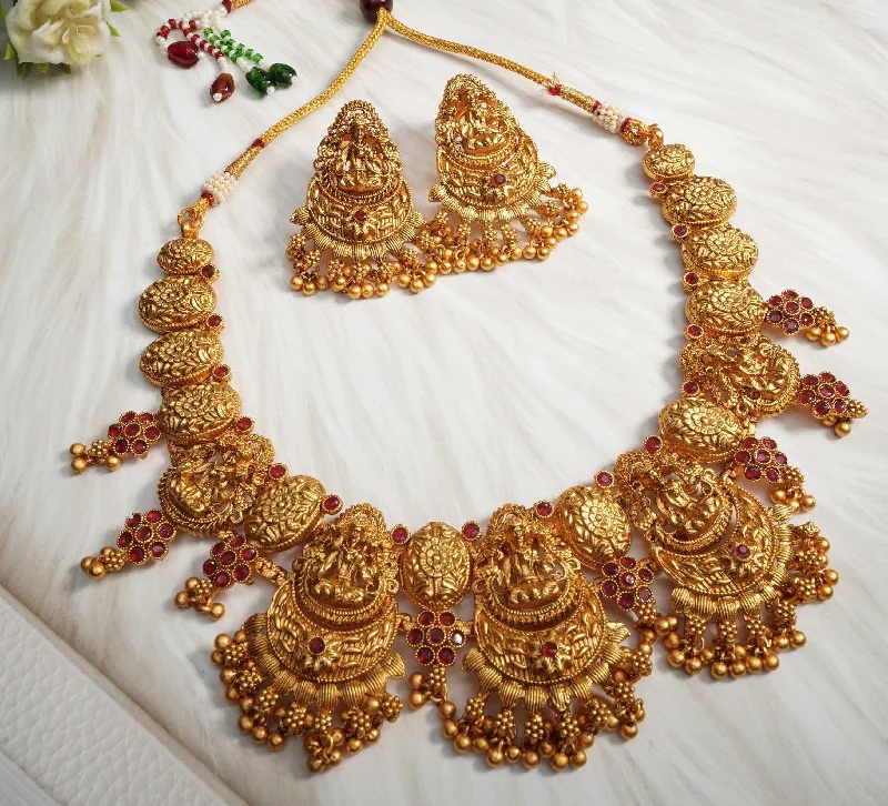 Make Your Outfit Shine With Discounted Jewelry Premium Gold Plated Broad Heavy Laxmi Necklace set 7195N