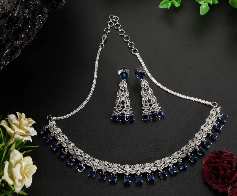 Luxury Jewelry Without The Luxury Price Tag Premium Sayara Collection White Gold Plated Necklace set with best quality blue CZ Ston