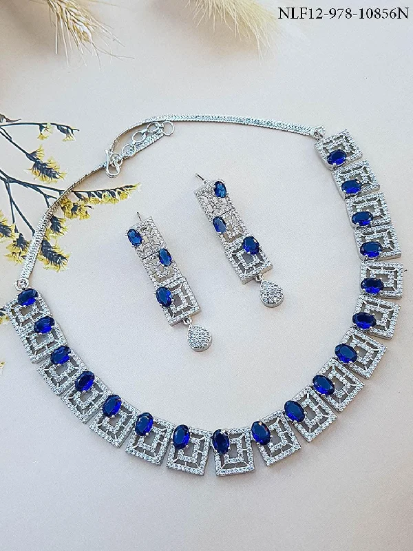 Sparkle In Style With Our Best Jewelry Deals Premium White Gold Plated Sayara Collection designer Necklace set with blue stones