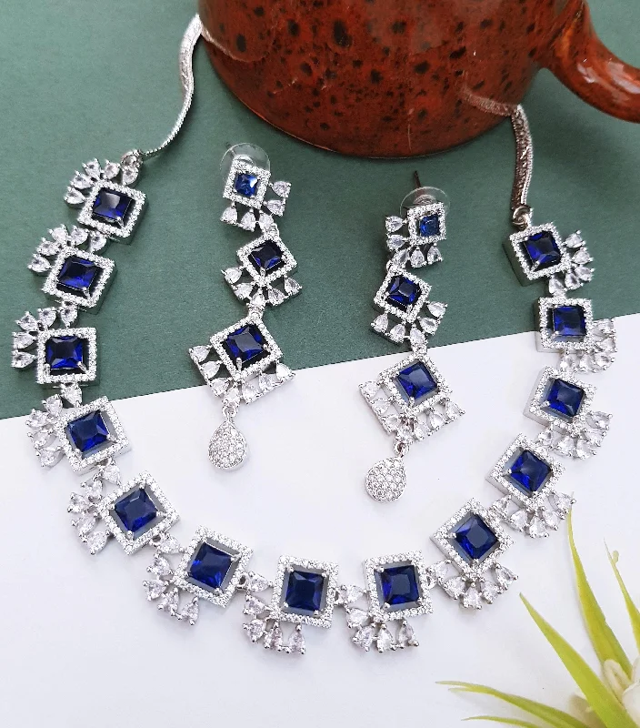 The Jewelry Sale You've Been Waiting For Is Here Premium White Gold Plated Sayara Collection designer Necklace set with blue stones