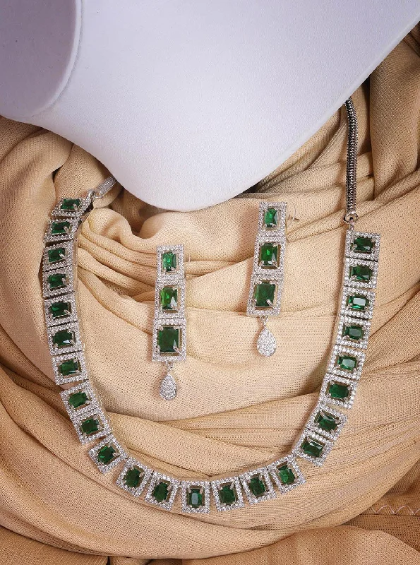 Sparkle On A Budget – Fine Jewelry For Less Premium White Gold Plated with sparkling Green White CZ stones Designer Necklace set