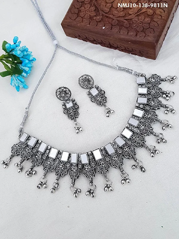 Elegant Jewelry, Exclusive Prices – Shop Now Silver Oxidised Exclusive Designer Necklace Set with Mirror Stone