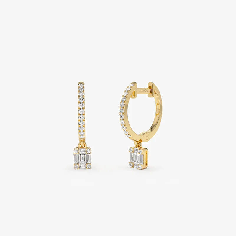 Affordable Elegance – Special Jewelry Sale Now Live 14k Diamond Huggie Earrings with Dangling Illusion Set Baguette Diamonds