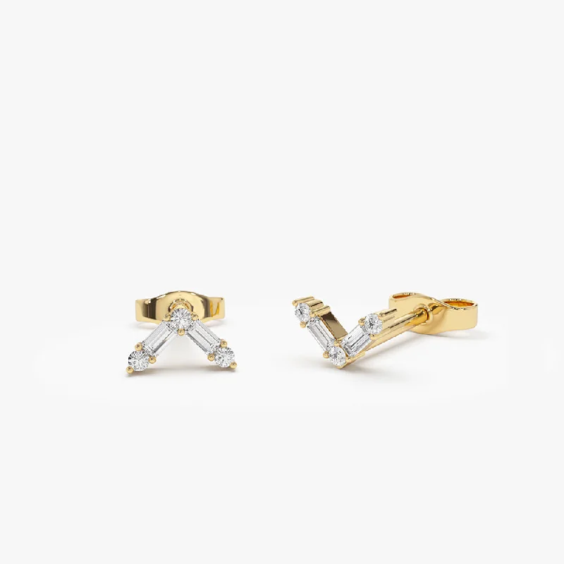 Dainty Floral Jewelry For Feminine Elegance 14k Minimal Baguette and Round Diamond Earrings