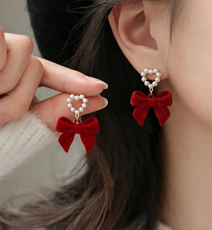 Affordable Luxury Jewelry For Every Occasion Beautiful Red Bow and Heart Pearl Earrings