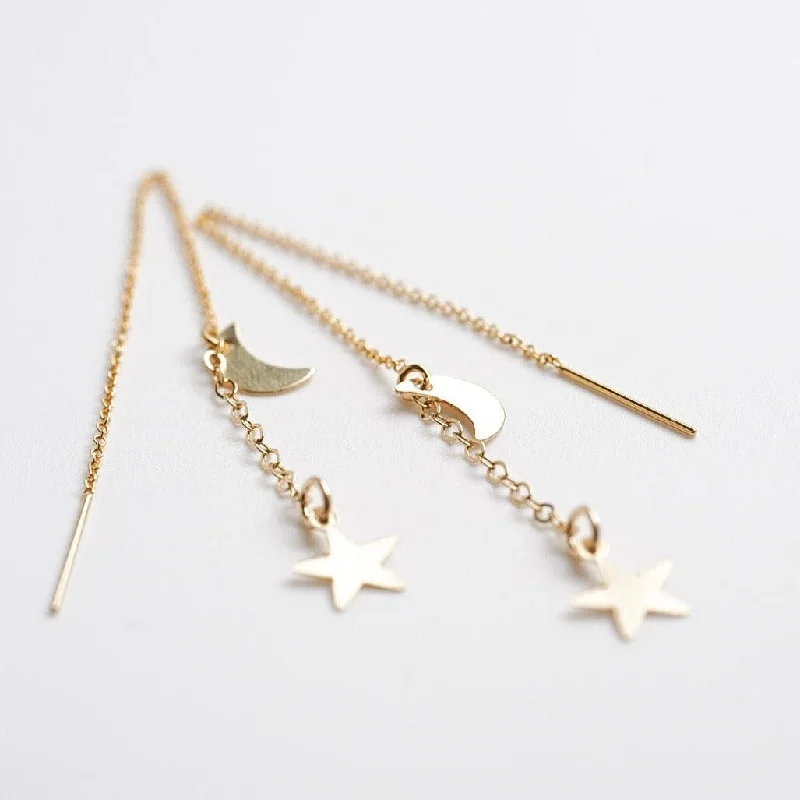 Best-Selling Jewelry Styles Now At Exclusive Discounts Moon and Star Celestial Drop Threader Earrings - Choose Your Metal