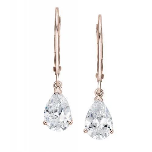 Stunning Statement Jewelry, Unbeatable Discounts Pear drop earrings with 2 carats* of diamond simulants in 10 carat rose gold