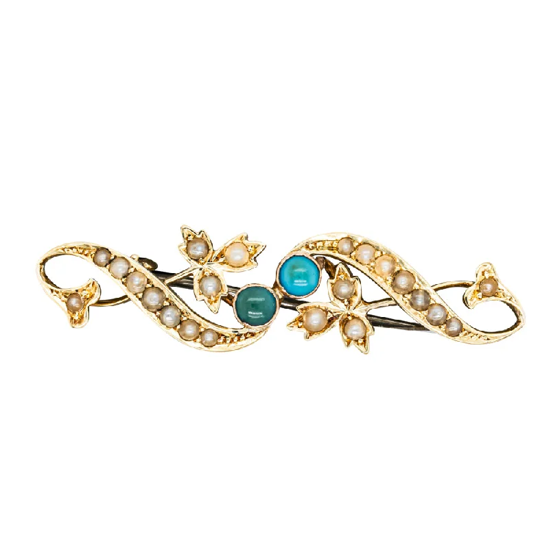 Seasonal Jewelry Deals – Elevate Your Style Vintage 15ct Yellow Gold Turquoise & Seed Pearl Brooch