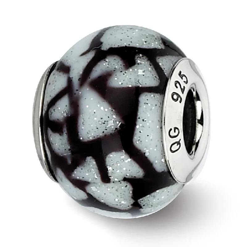 Premium Jewelry Now Available At Special Discounts White, Black, Glitter Overlay Glass & Sterling Silver Bead Charm, 15mm